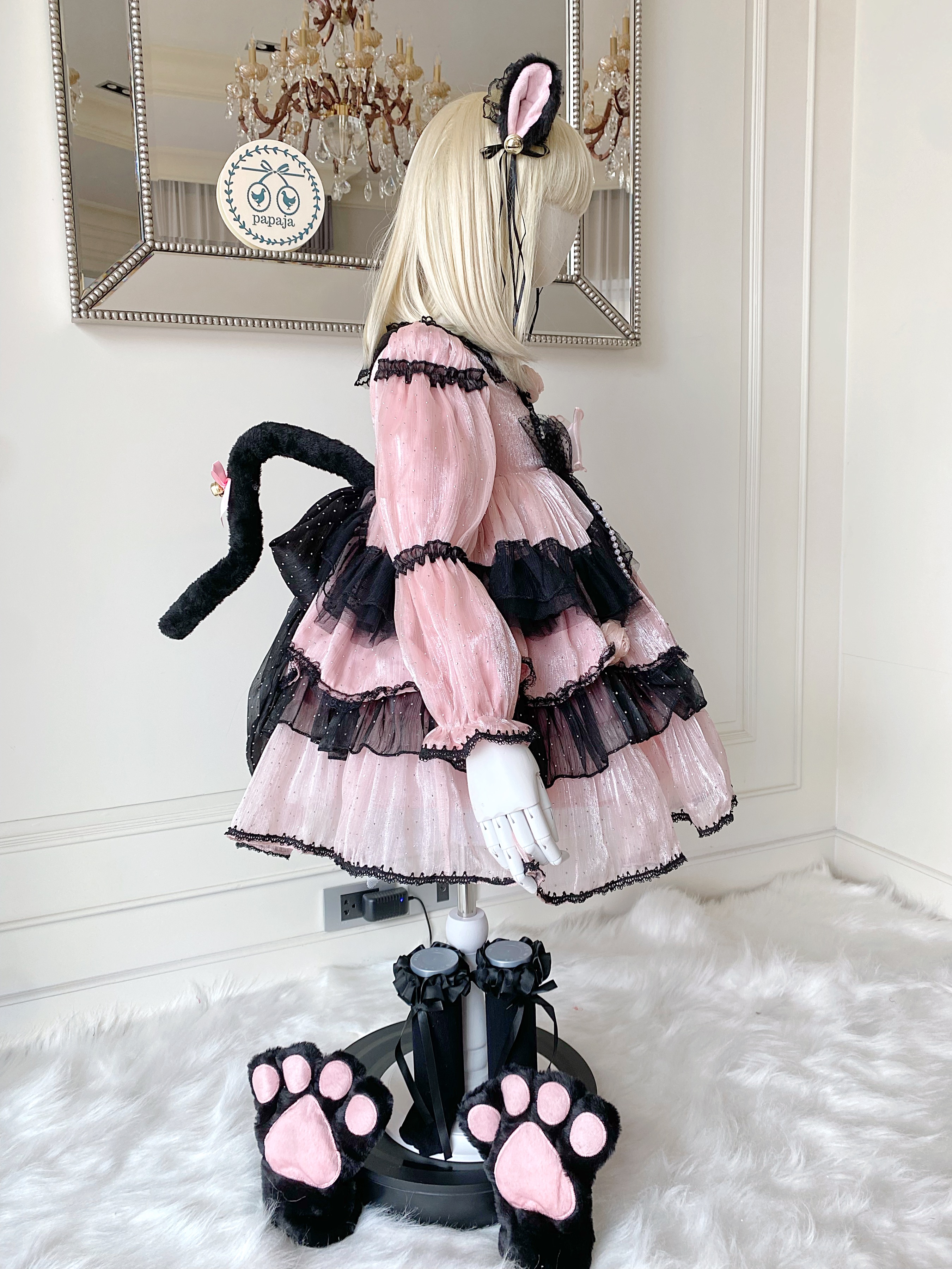 (เซต 5 ชิ้น) ชุดคอสเพลย์งานไฮพรีเมี่ยม แมว Black Pink โทนชมพูดำ ครบเซต (ชุด+ที่คาดผม+ถุงมือ+ถุงเท้า+หางแมว)