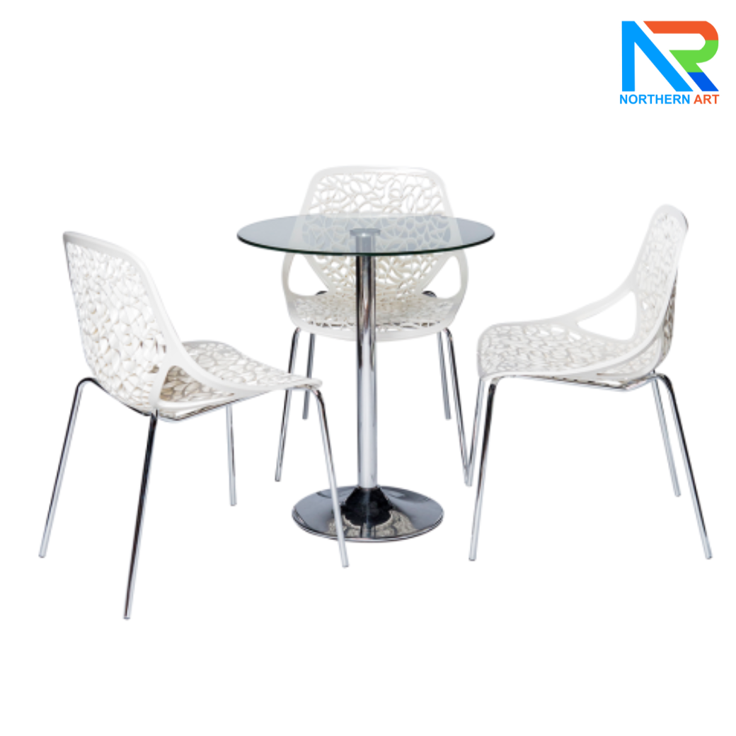 เช่าชุดโต๊ะบาร์ Top กระจกกลม เสาเดี่ยว ขาเหล็กชุบโครเมี่ยม พร้อมเก้าอี้ 3 ตัว (เก้าอี้มีหลายแบบให้เลือก)