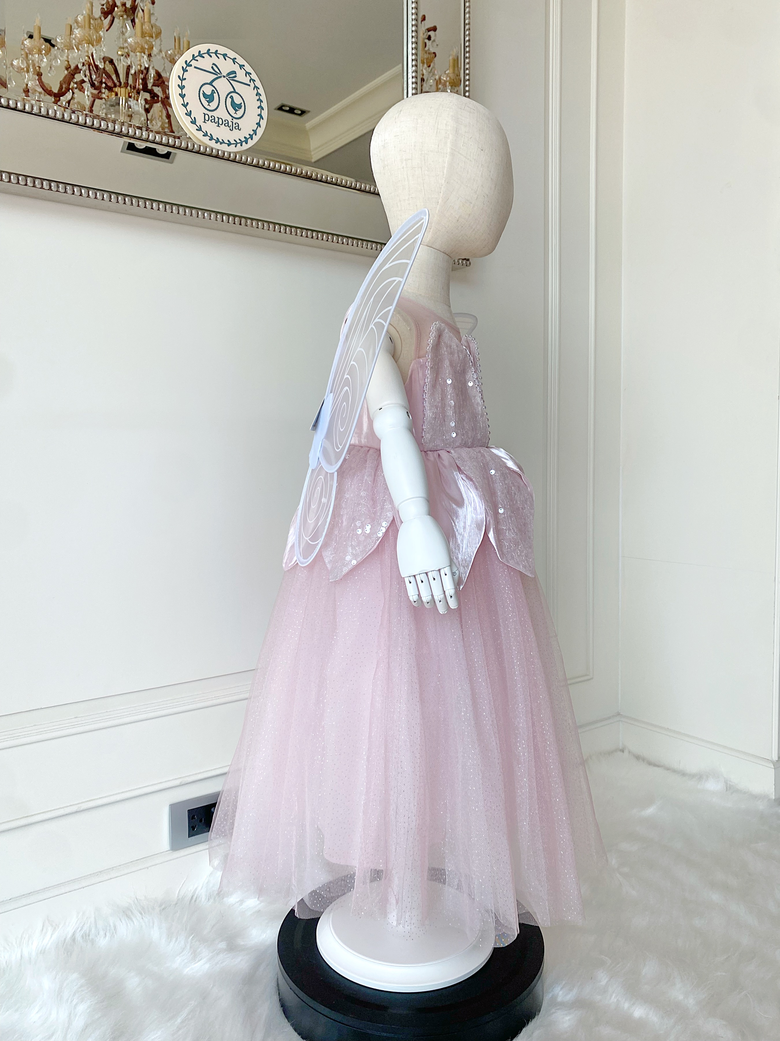 ชุดเจ้าหญิงทิงเกอร์เบลสีชมพูพร้อมปีกสีขาว รุ่นไฮพรีเมี่ยม งานสวยอลัง ปักเลื่อมทั้งชุด