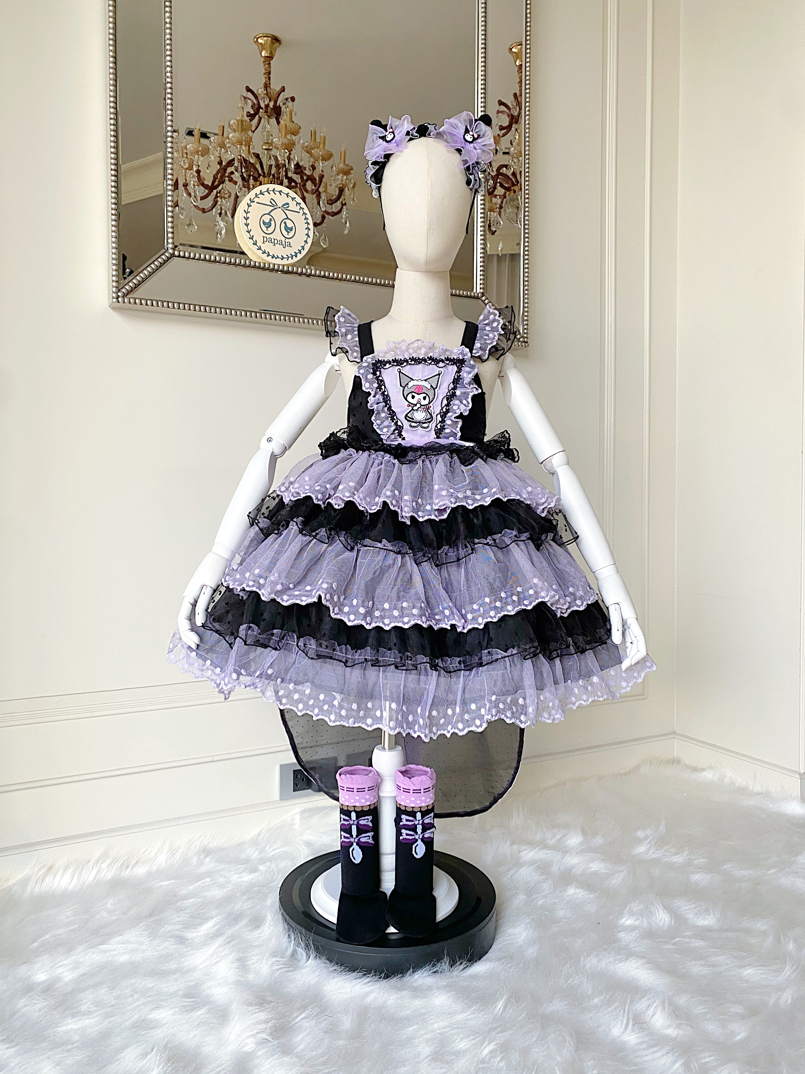 (เซต 3 ชิ้น) ชุดคอสเพลย์งานไฮพรีเมี่ยม คุโรมิ Kuromi ครบเซต (ชุด+ที่คาดผม+ถุงเท้า)