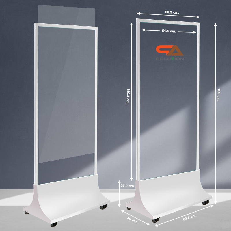 ป้ายตั้งพื้นเหล็ก สีขาว ฐานทรงสามเหลี่ยมโค้ง พร้อมล้อ ขนาด 60x160 ซม. โชว์งานพิมพ์ได้ 2 ด้าน