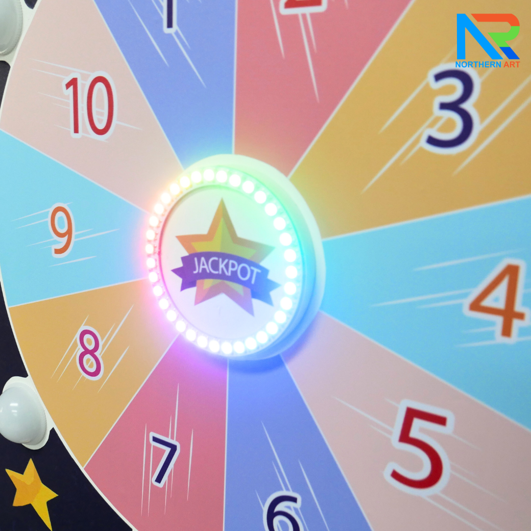 เกมส์วงล้อไฟฟ้าตั้งพื้น แบบปุ่มกดแรนดอม ไฟวิ่งวนพร้อมเสียง ขนาด (W)70 x (D)35 x (H)156 ซม.