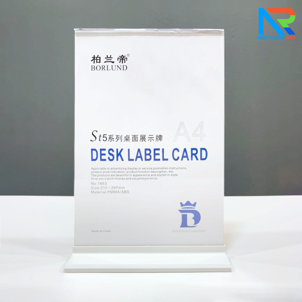ป้ายตั้งโต๊ะ อะคริลิค ฐานพลาสติก สีขาว ขนาด A4 โชว์งานพิมพ์ได้ 2 หน้า ถอดประกอบได้