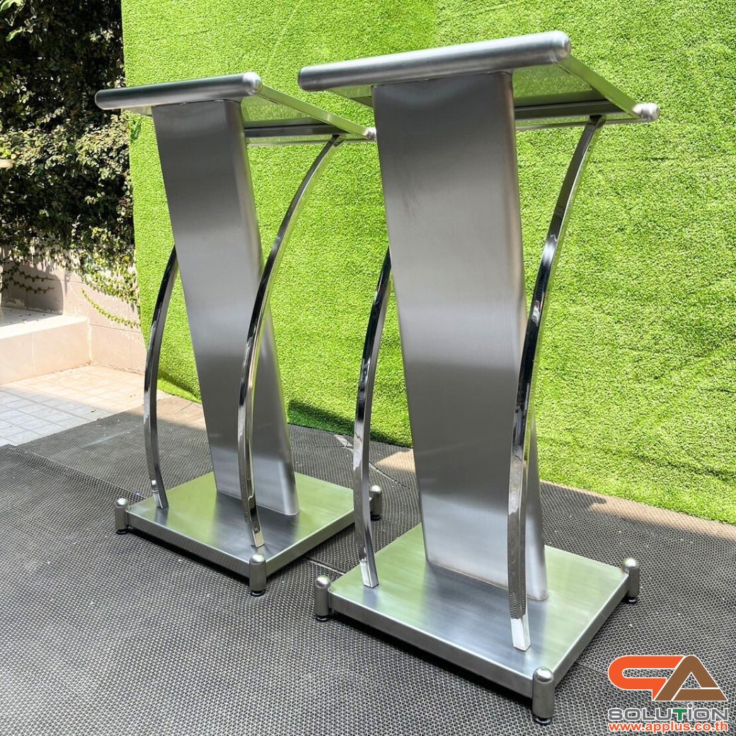 โพเดียมสแตนเลส แฮร์ไลน์ ST-01 ขนาด TOP (W)57 x (L)49 สูง (H)116 ซม. ตกแต่งสแตนเลสโค้งด้านข้าง เกรด304 แข็งแรงทนทาน