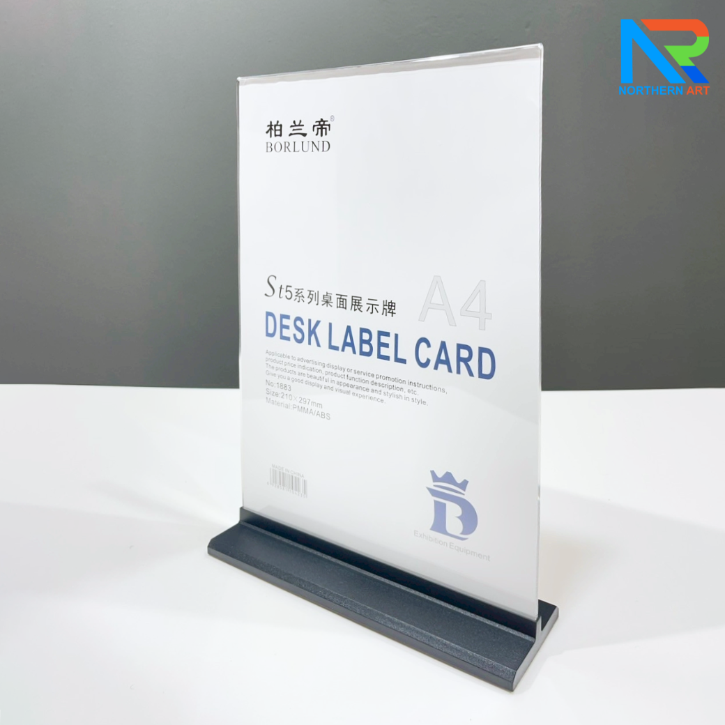 ป้ายตั้งโต๊ะ อะคริลิค ฐานพลาสติก สีดำ ขนาด A4 โชว์งานพิมพ์ได้ 2 หน้า ถอดประกอบได้