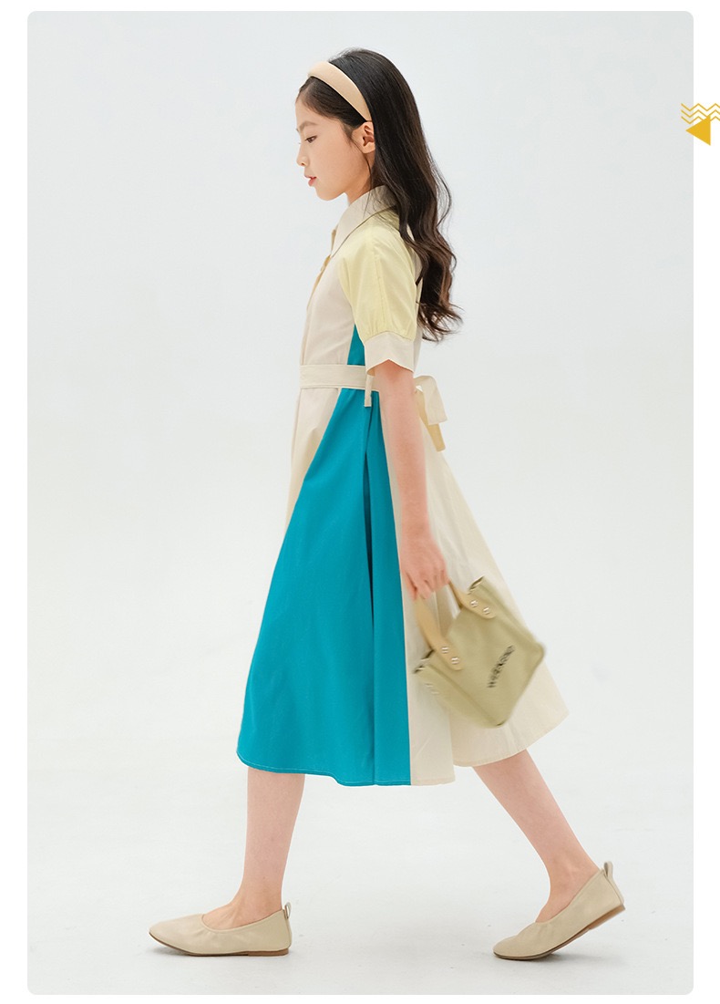 เดรสแขนตุ๊กตา 3 โทนสีมาพร้อมโบว์คาดเอว