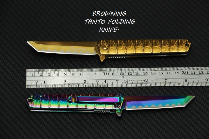 มีดพับ BROWNING FOLDING TANTO ใบมีดหัวตัด Stainless Steel. ทอง