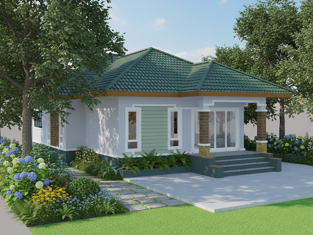 แบบบ้านทรงปั้นหยาชั้นเดียว ขนาด 3ห้องนอน 2ห้องน้ำ