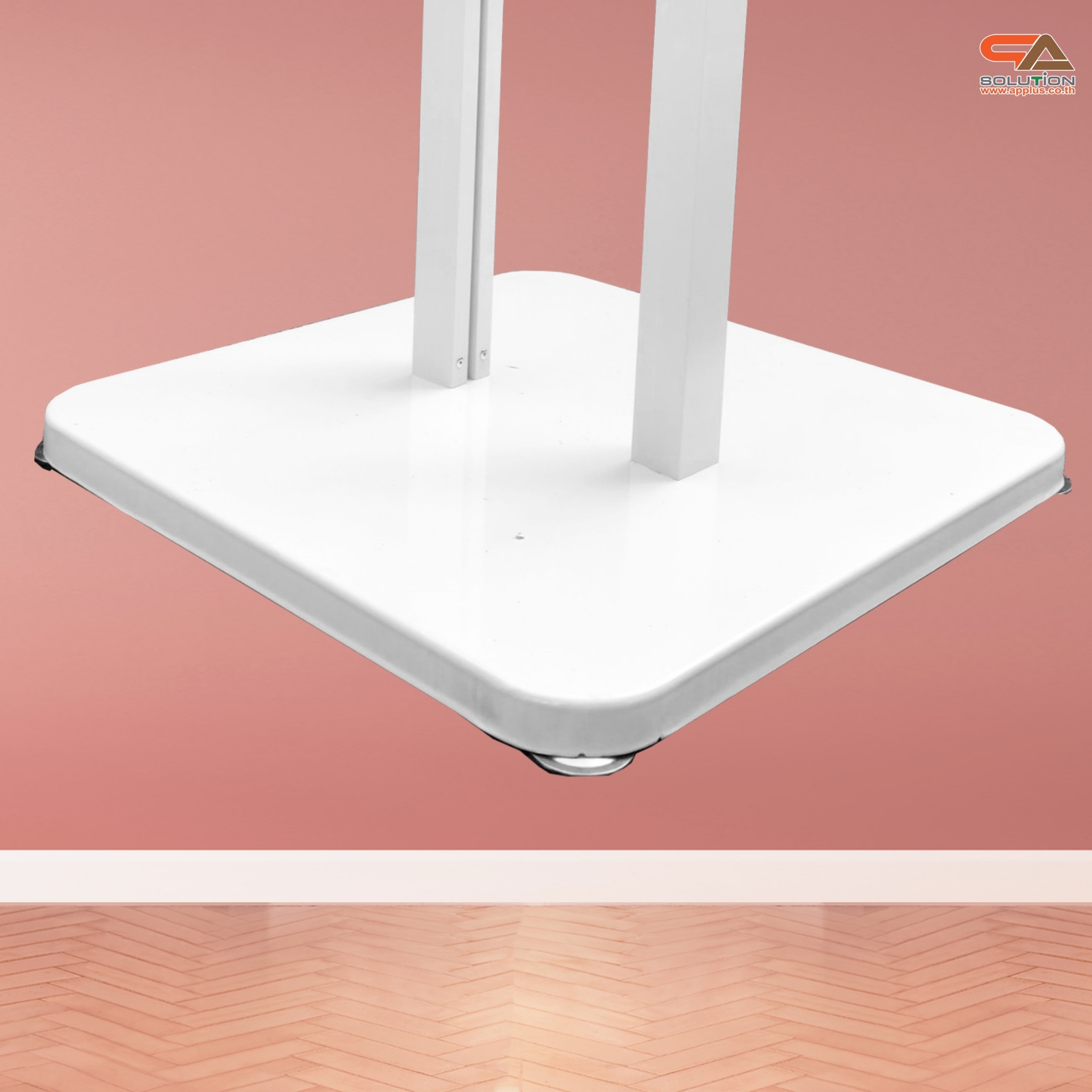 โปสเตอร์สแตนด์ อะลูมิเนียม สีขาว เสาคู่ ขนาด (W)60 x (L)44 x (H)153 cm. ฐานเหล็กสี่เหลี่ยม โชว์งานพิมพ์ 2 ด้าน ถอดประกอบได้