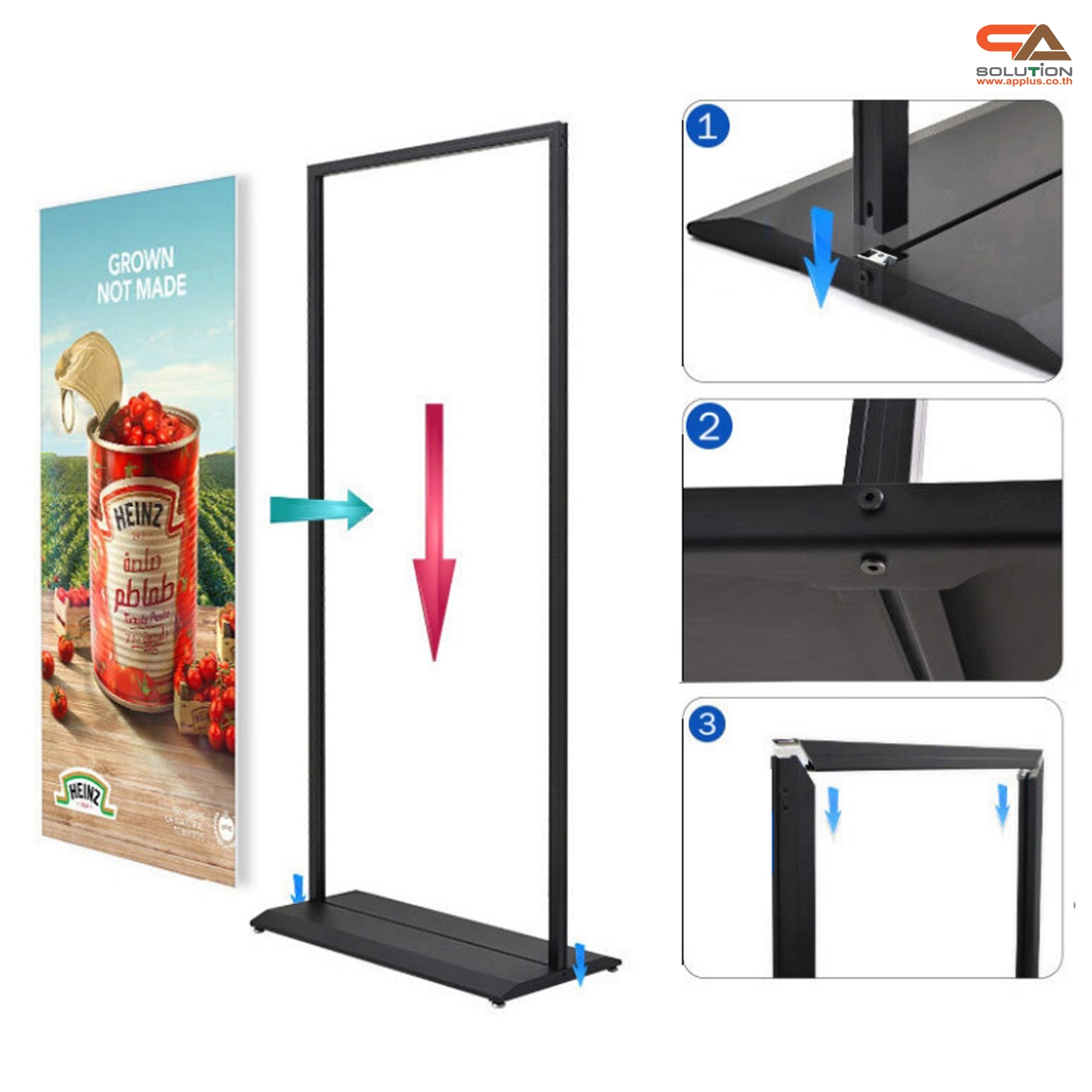 ป้ายตั้งพื้น ฐานเหลี่ยม สีดำ ขนาด (W)100 x (H) 200 cm. โชว์งานพิมพ์ 2 ด้าน ถอดประกอบได้ เคลื่อนย้ายสะดวก
