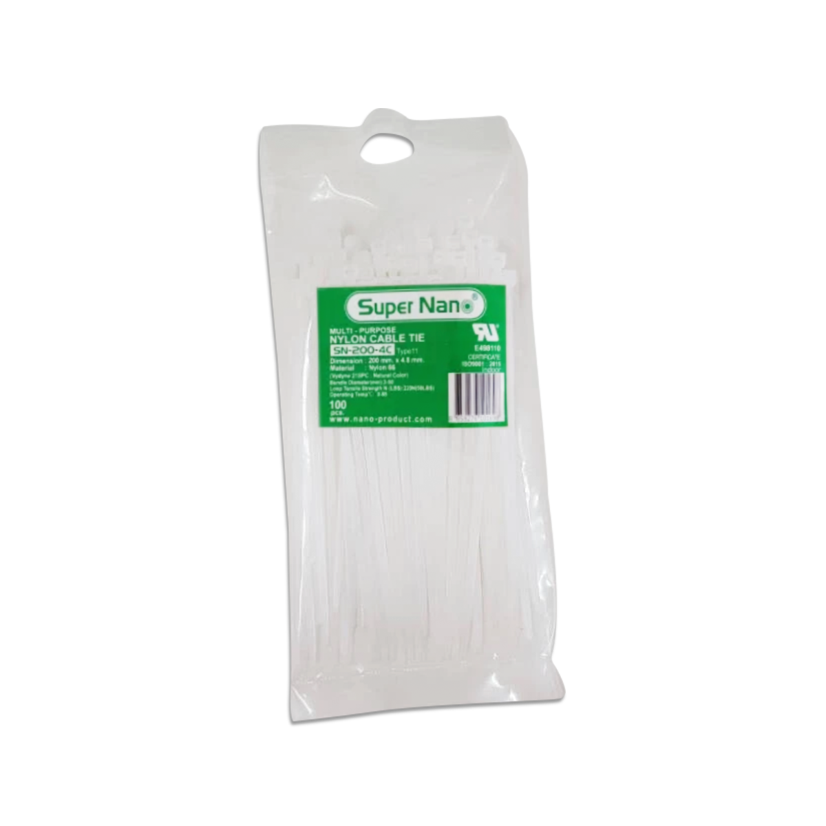 เคเบิ้ลไทร์ NANO ขาว SN-200-4C (100 ชิ้น/ถุง, 5,000 ชิ้น/กล่อง)