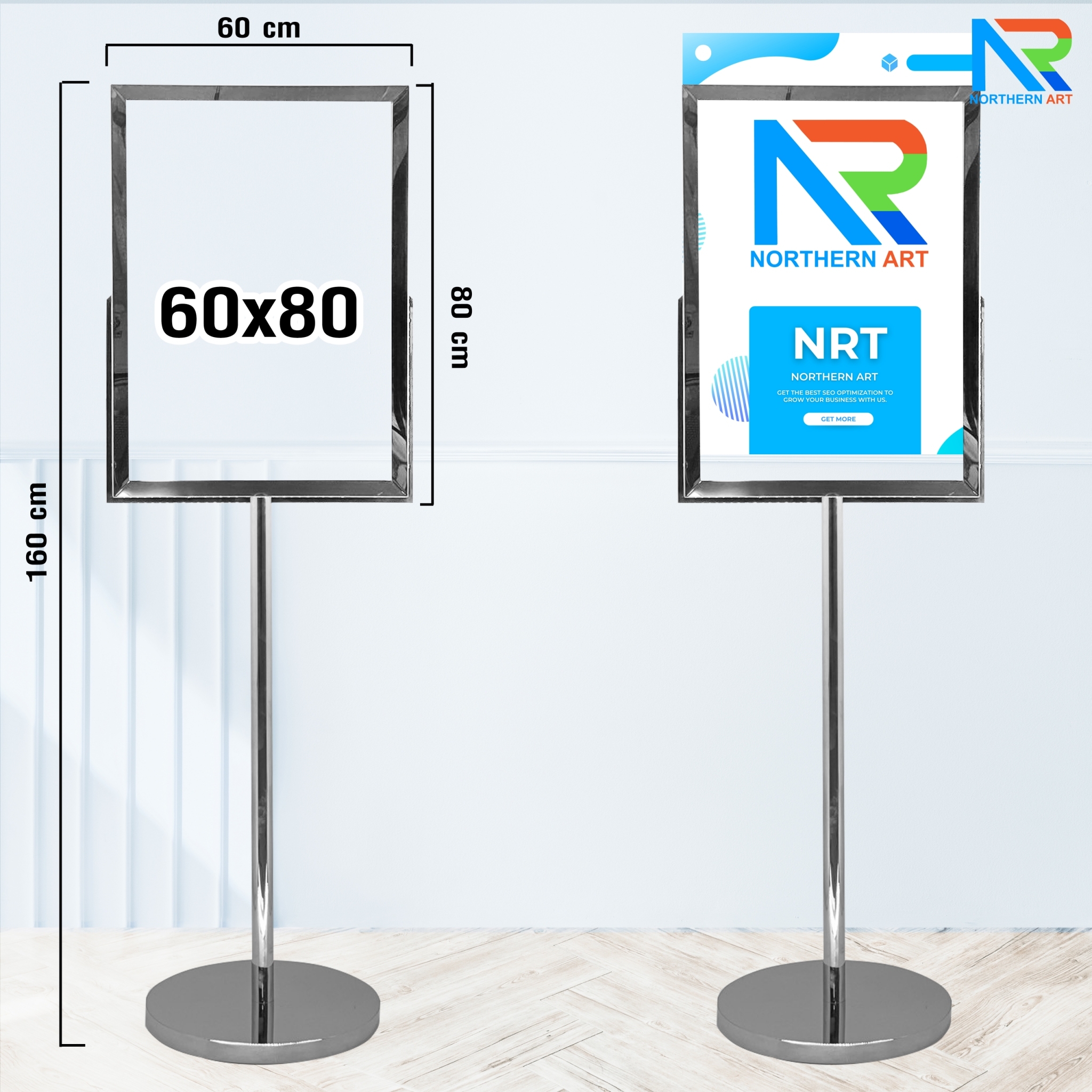 โปสเตอร์สแตนด์ สแตนเลส304 ขนาด60x80 ซม. ฐานกลม เสาเดี่ยว อะคริลิคหนา 2 มม. ประกบ 2 แผ่น โชว์งานพิมพ์ 2 ด้าน