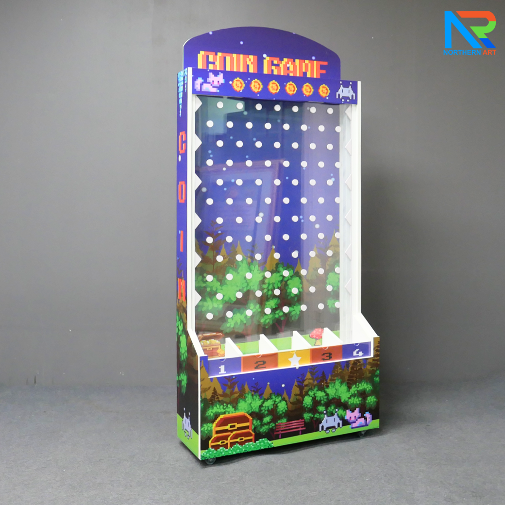 เช่าเกมส์หย่อนเหรียญตั้งพื้น มีล้อ ขนาด (W)80 X (D)30 X (H)150 cm. วัสดุไม้MDFปิดผิวเมลามีน และแผ่นอะคริลิคใส พร้อมเหรียญอะคริลิค 12 อัน