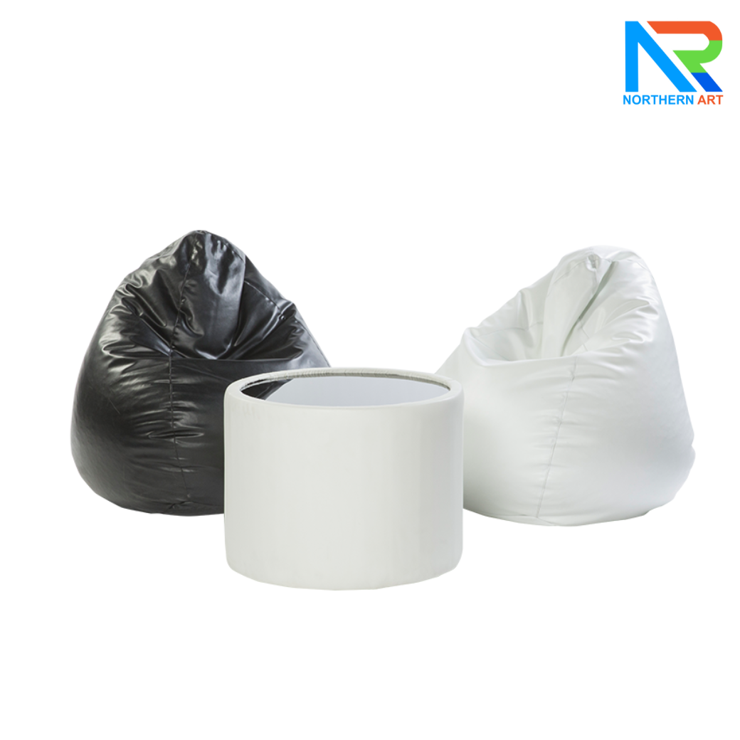 เช่าชุดโต๊ะกลางกลม หุ้มหนัง Top กระจก พร้อมเก้าอี้ Beanbag ทรงหยดน้ำ 2 ตัว