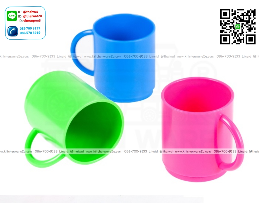 P07551 แก้วน้ำมีหูพลาสติก หนา (7.5*7.5*8.5 ซม.) No.203 เกรดเอ สีหวาน ราคาส่งต่อ 1 โหล:12 ใบ