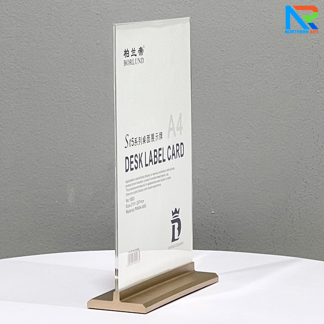 ป้ายตั้งโต๊ะ อะคริลิค ฐานพลาสติก สีทอง ขนาด A4 โชว์งานพิมพ์ได้ 2 หน้า ถอดประกอบได้