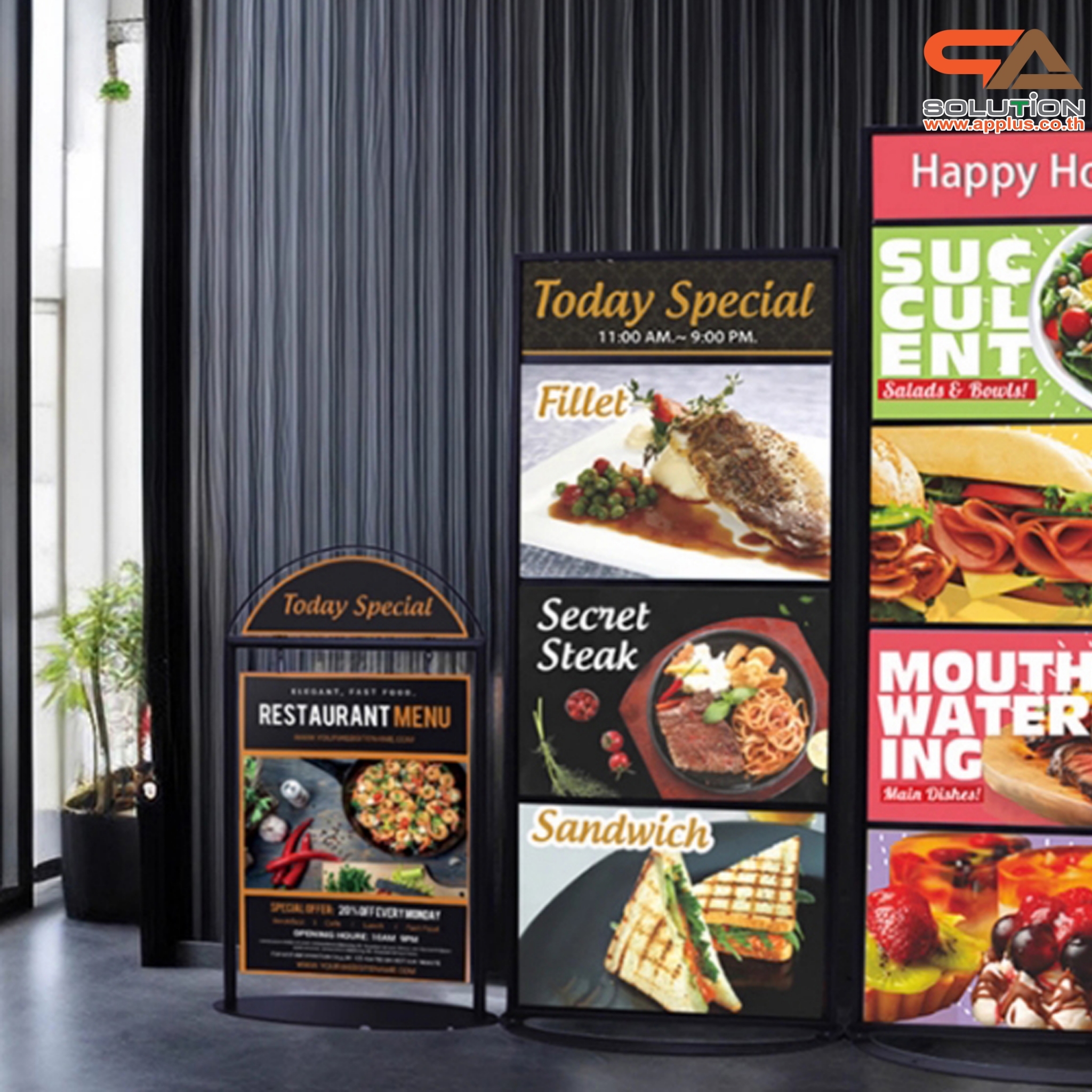 ป้ายตั้งพื้น ป้้ายมินิมอล เหล็กสีดำ ขนาด (W)59 x (H)95 cm. โชว์งานพิมพ์ 2 ด้าน ฐานวงรี ถอดประกอบได้