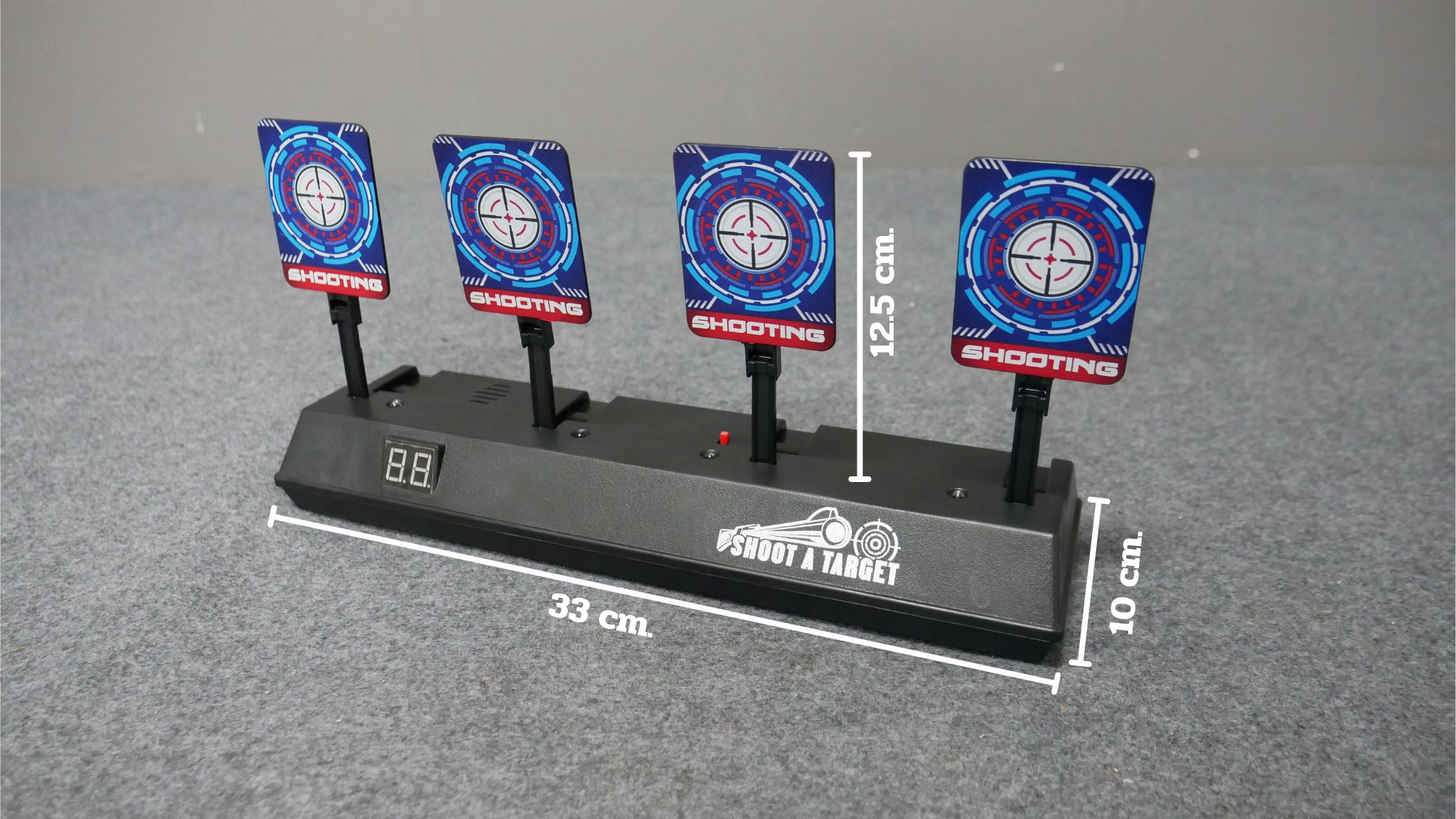 เช่าเกมส์ยิงเป้านิ่ง ตั้งโต๊ะ ขนาด (W)40 x (D)40 x (H)90 cm. พร้อมเป้านิ่ง 4 แผ่น 3 ชุด และปืนกระสุนโฟม 1 กระบอก