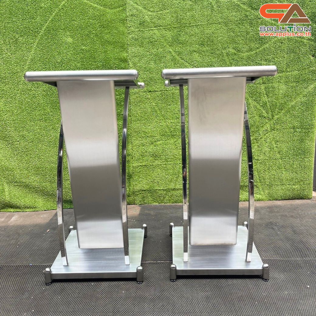 โพเดียมสแตนเลส แฮร์ไลน์ ST-01 ขนาด TOP (W)57 x (L)49 สูง (H)116 ซม. ตกแต่งสแตนเลสโค้งด้านข้าง เกรด304 แข็งแรงทนทาน