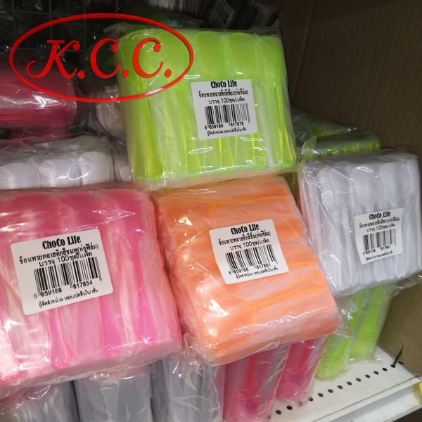 ช้อนพาย ห่อฟิลม์ สีดำ / ขาว / ส้ม / เขียว / ชมพู จำนวน 100 ชิ้น