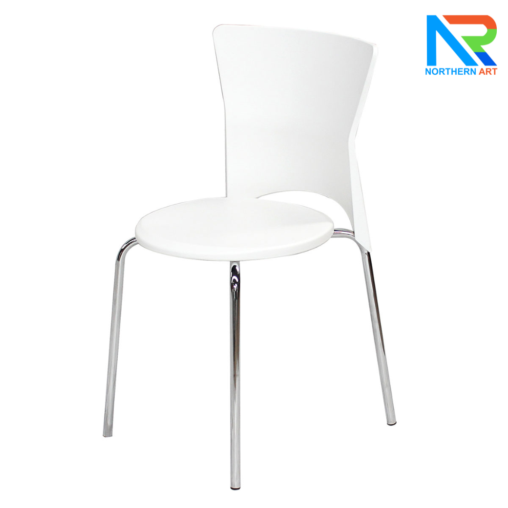 เช่าเก้าอี้ พลาสติกโพลีโพรพิลีน (PP) สีขาว ที่นั่งทรงกลม พนักพิงทรงโค้ง ขาเหล็กชุบโครเมียม