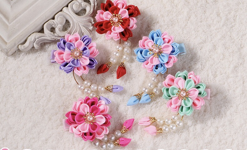 (No. 72) (ขายเป็นคู่) กิ้บติดผมสไตล์จีนดอกไม้ สีฟ้า/ชพมู รุ่นร้อยมาลัยทูโทน