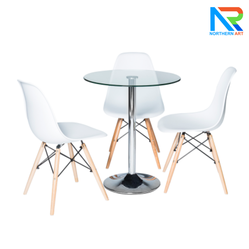เช่าชุดโต๊ะบาร์ Top กระจกกลม เสาเดี่ยว ขาเหล็กชุบโครเมี่ยม พร้อมเก้าอี้ 3 ตัว (เก้าอี้มีหลายแบบให้เลือก)
