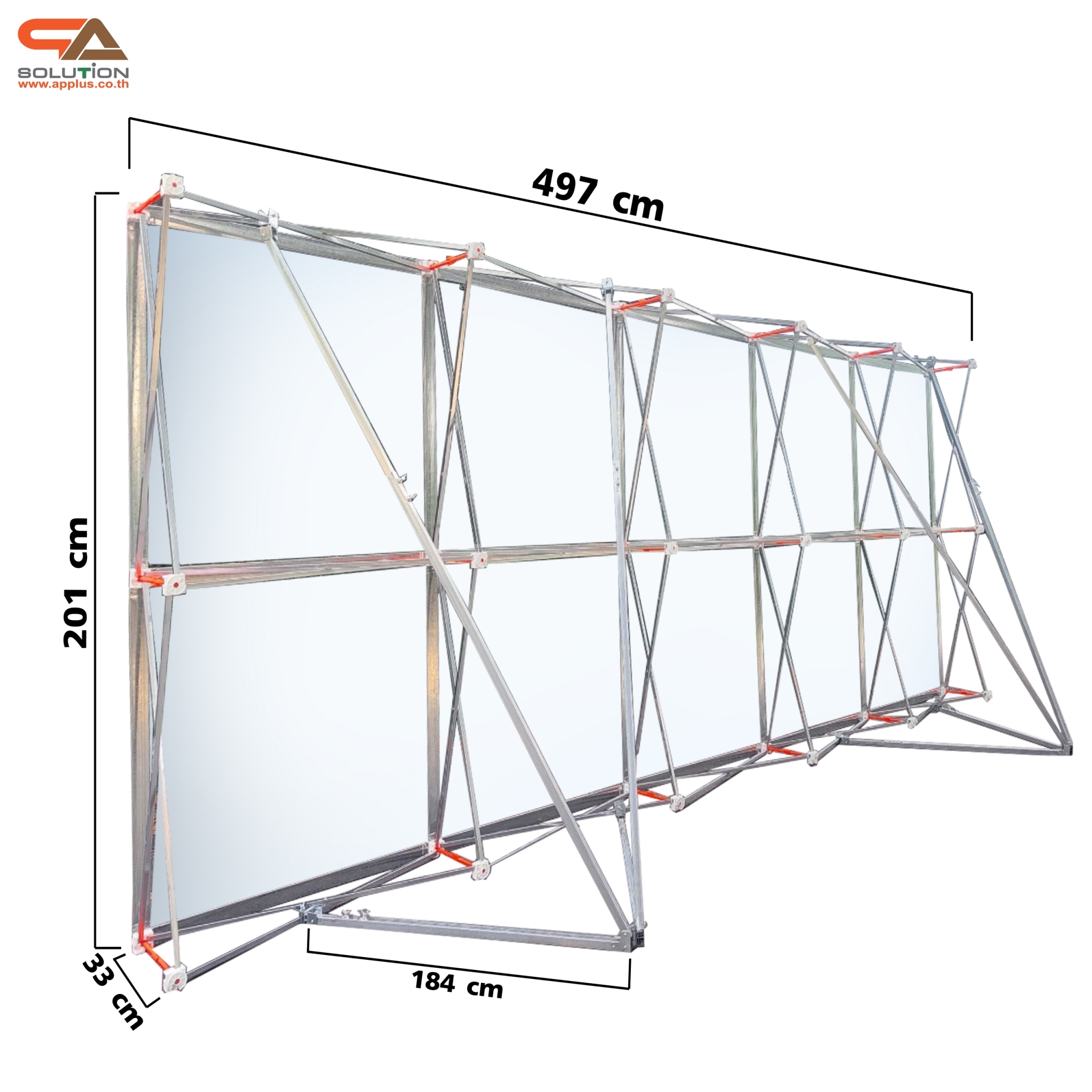 VINYL BACKDROP OUTDOOR แบคดรอปไวนิล รุ่น 2x5 ขนาด (W)500 x (H)200 cm. โครงอะลูมิเนียมพร้อมขาค้ำยัน ถอดประกอบได้ เหมาะกับงานภายนอกอาคาร