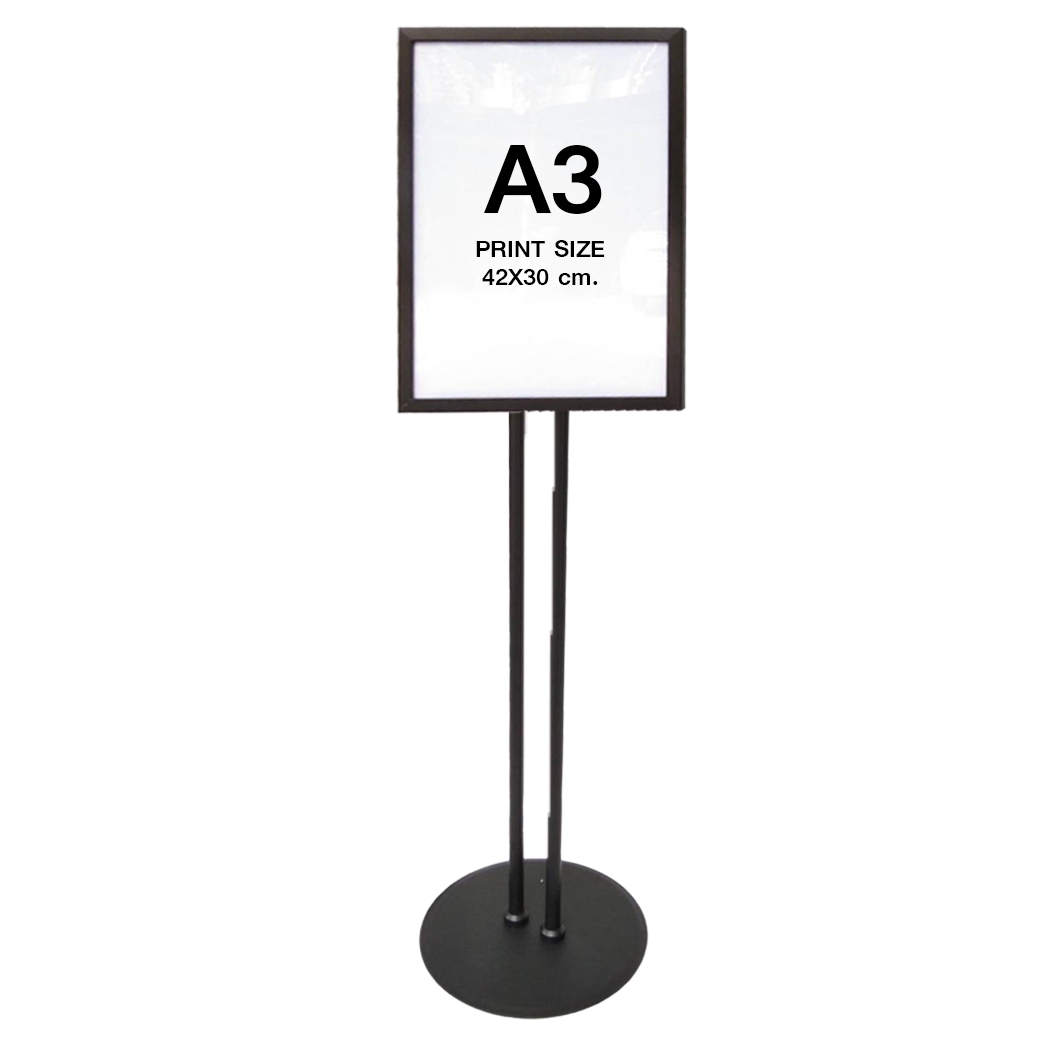 โปสเตอร์สแตนด์ ขนาดA3 ฐานกลม เสาคู่ โชว์งานพิมพ์ 1 ด้าน ปรับเอียง 360 องศา ปรับแนวตั้ง-แนวนอน และปรับสูง-ต่ำได้