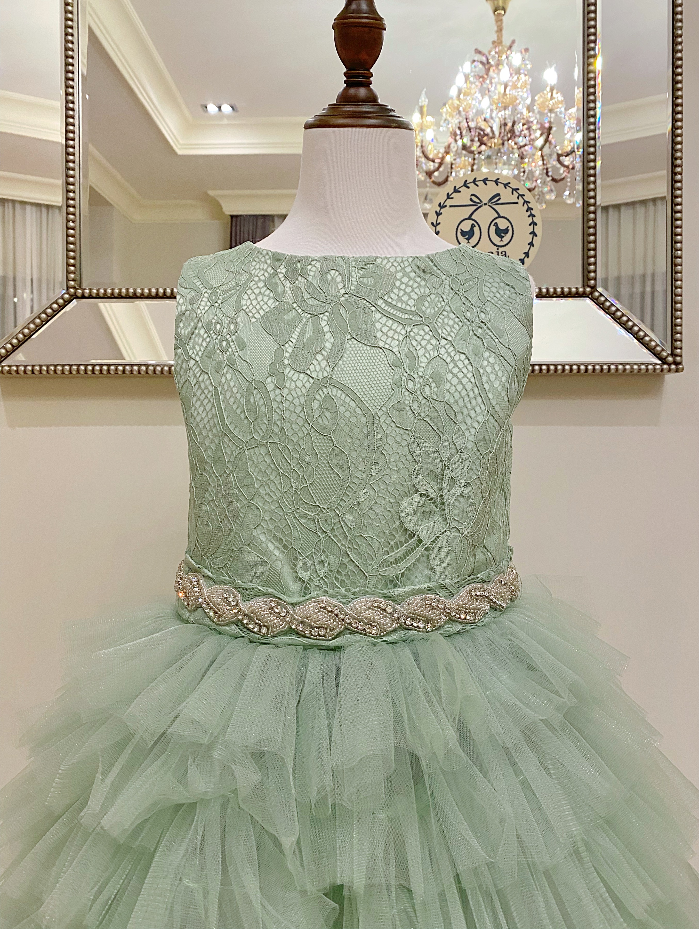 เดรสออกงานราตรียาวแขนกุด สีเขียวมิ้นท์พาสเทล (งานไฮพรีเมี่ยม) กระโปรงทรงขนมชั้น ด้านบนใช้ผ้าลูกไม้สวยมาก