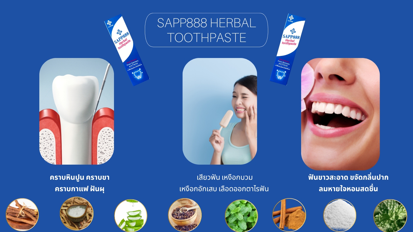 sapp888 herbal toothpaste ยาสีฟันสมุนไพร8ชนิด ขจัดคราบชา กาแฟ หินปูน เหงือกบวม เหงือกอักเสบ ฟันผุ เสียวฟัน ลมหายใจหอมสดชื่น ดูแลสุขภาพฟัน