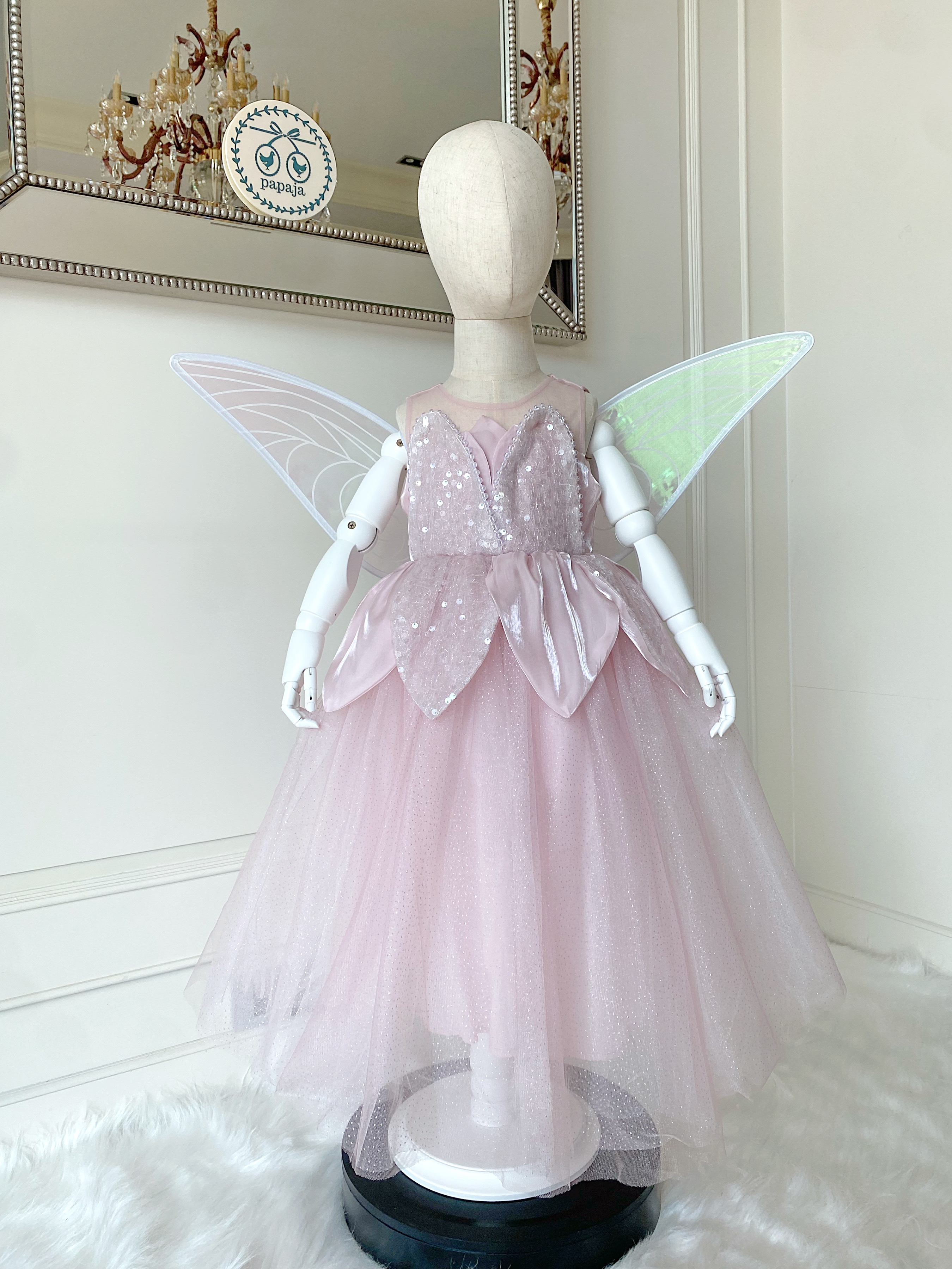 ชุดเจ้าหญิงทิงเกอร์เบลสีชมพูพร้อมปีกสีขาว รุ่นไฮพรีเมี่ยม งานสวยอลัง ปักเลื่อมทั้งชุด