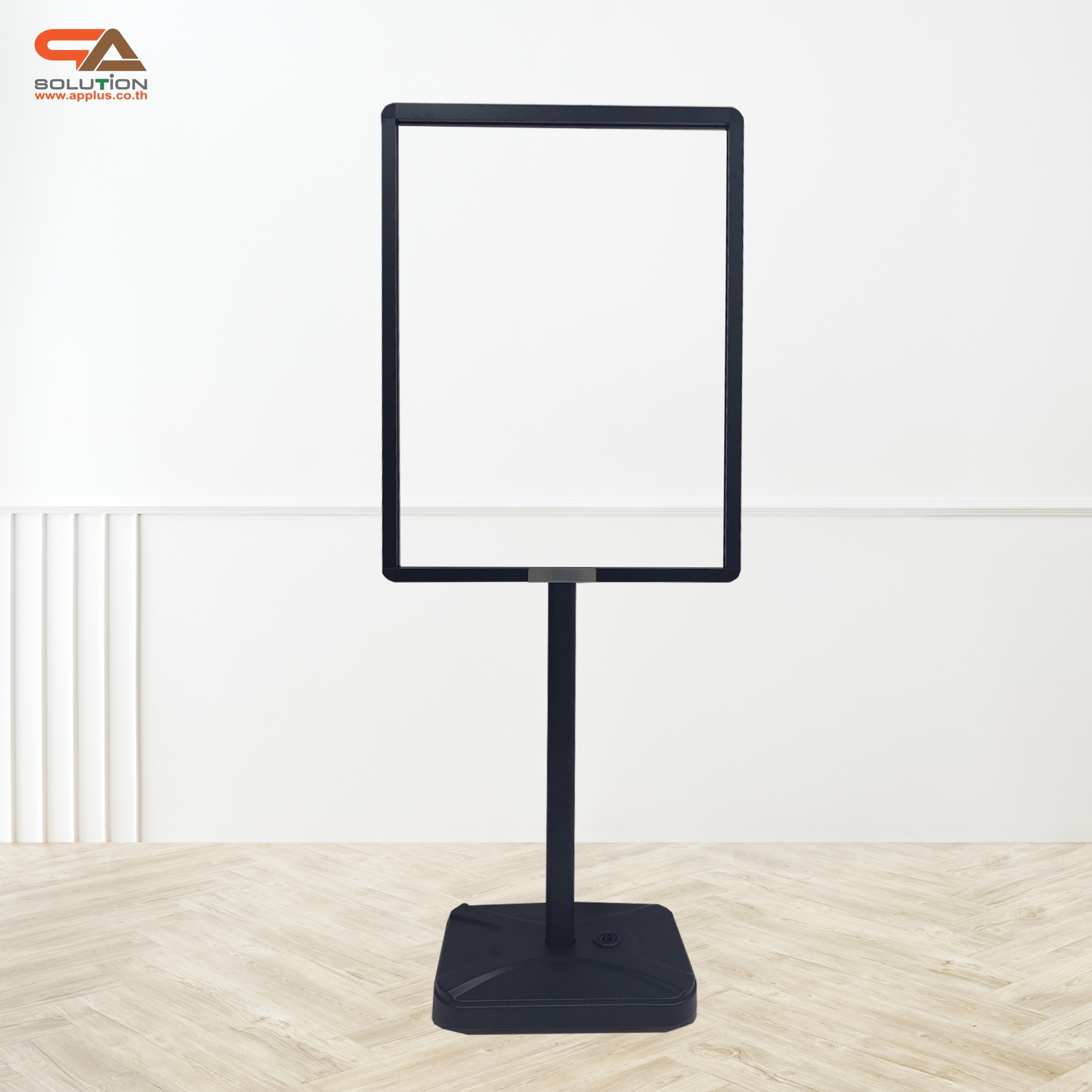โปสเตอร์สแตนด์เหล็ก ฐานน้ำ สีดำ (W)60 x (L)80 x (H)151 cm. สอดงานด้านบน โชว์งานพิมพ์ 2 ด้าน