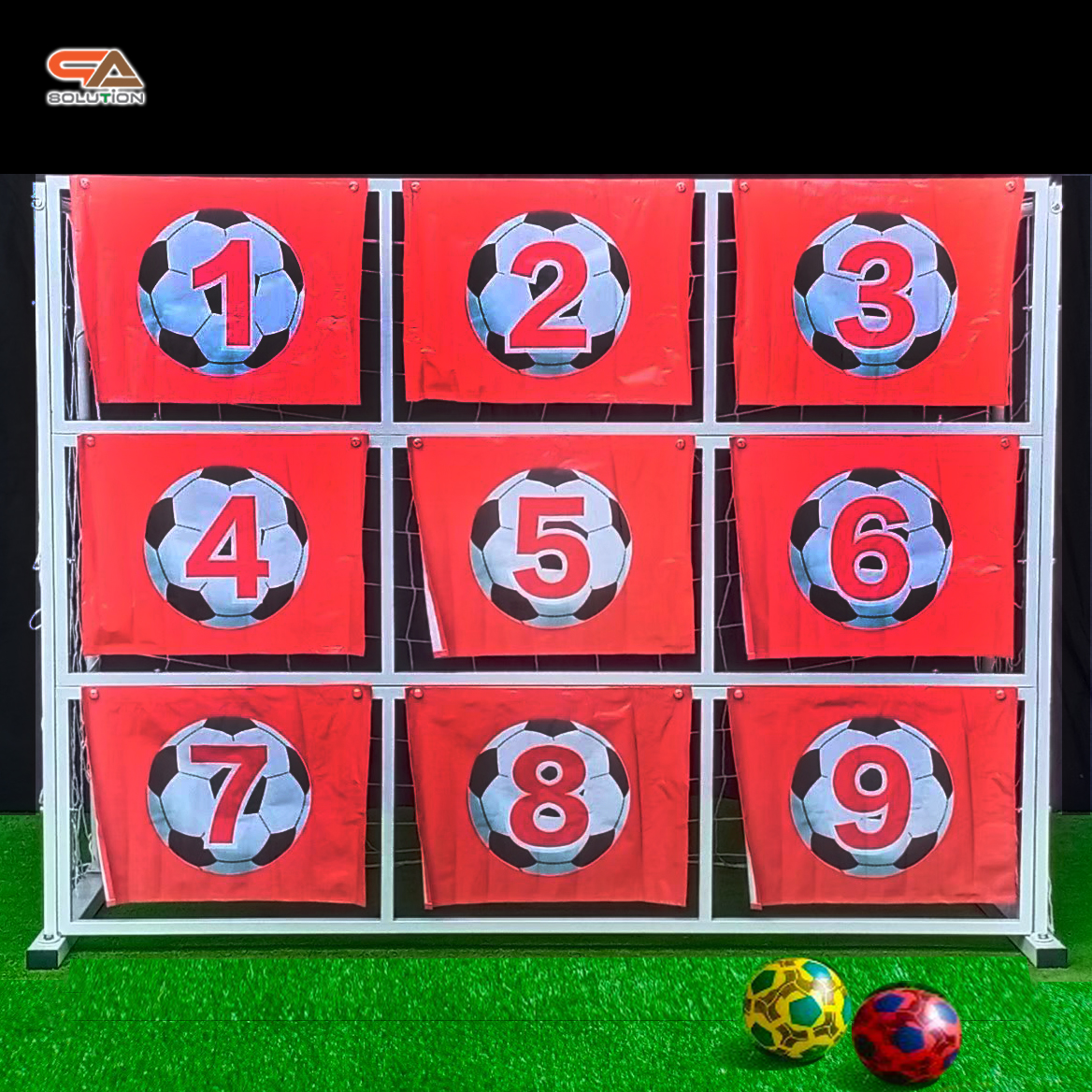 เกมส์ฟุตบอล ขนาด (W)303 x (D)99.5 x (H)200 cm.โครงเหล็กสีขาว พร้อมป้ายเลข 1-9 แถมลูกบอล 2 ลูก