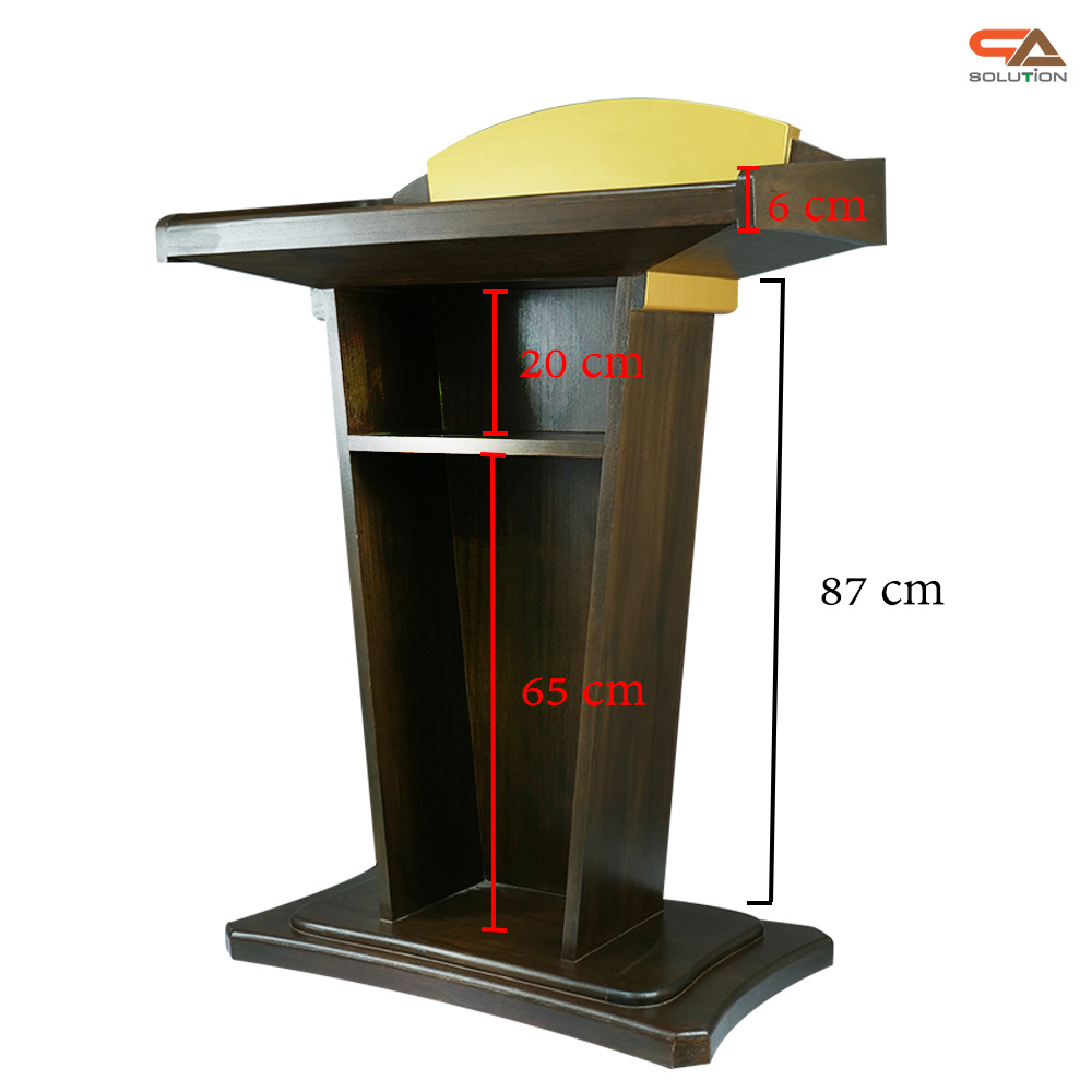 โพเดียมลายไม้ สีโอ๊คน้ำตาล และสีทอง รุ่น PD-07 ขนาดTOP (W) 90 x (L) 46 สูง 120 ซม. พร้อมชั้นวางของ