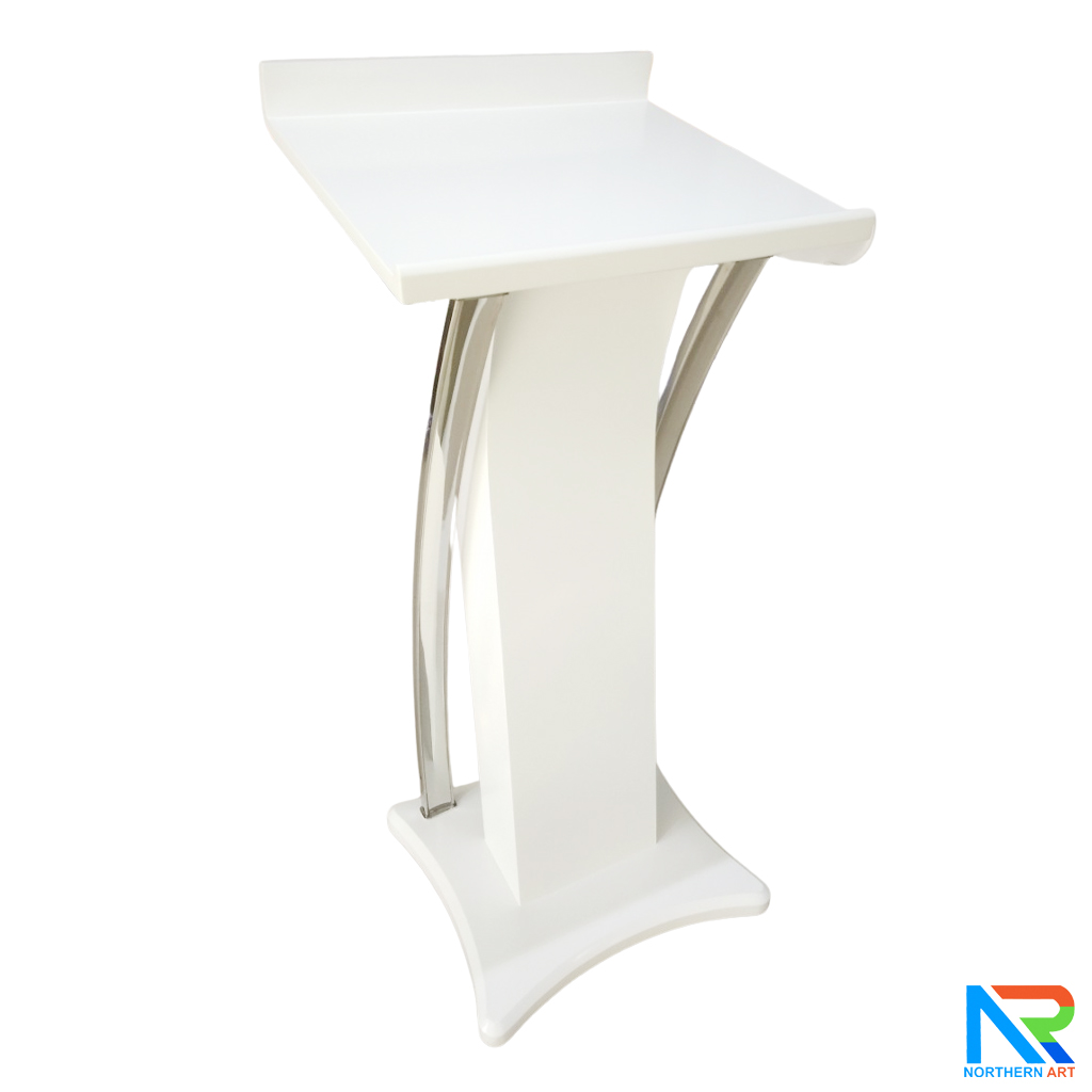 โพเดียมไม้ สีขาว ตกแต่งสแตนเลสเกรด304 ขนาด (W) 55 x (L) 50 x (H) 120 cm.