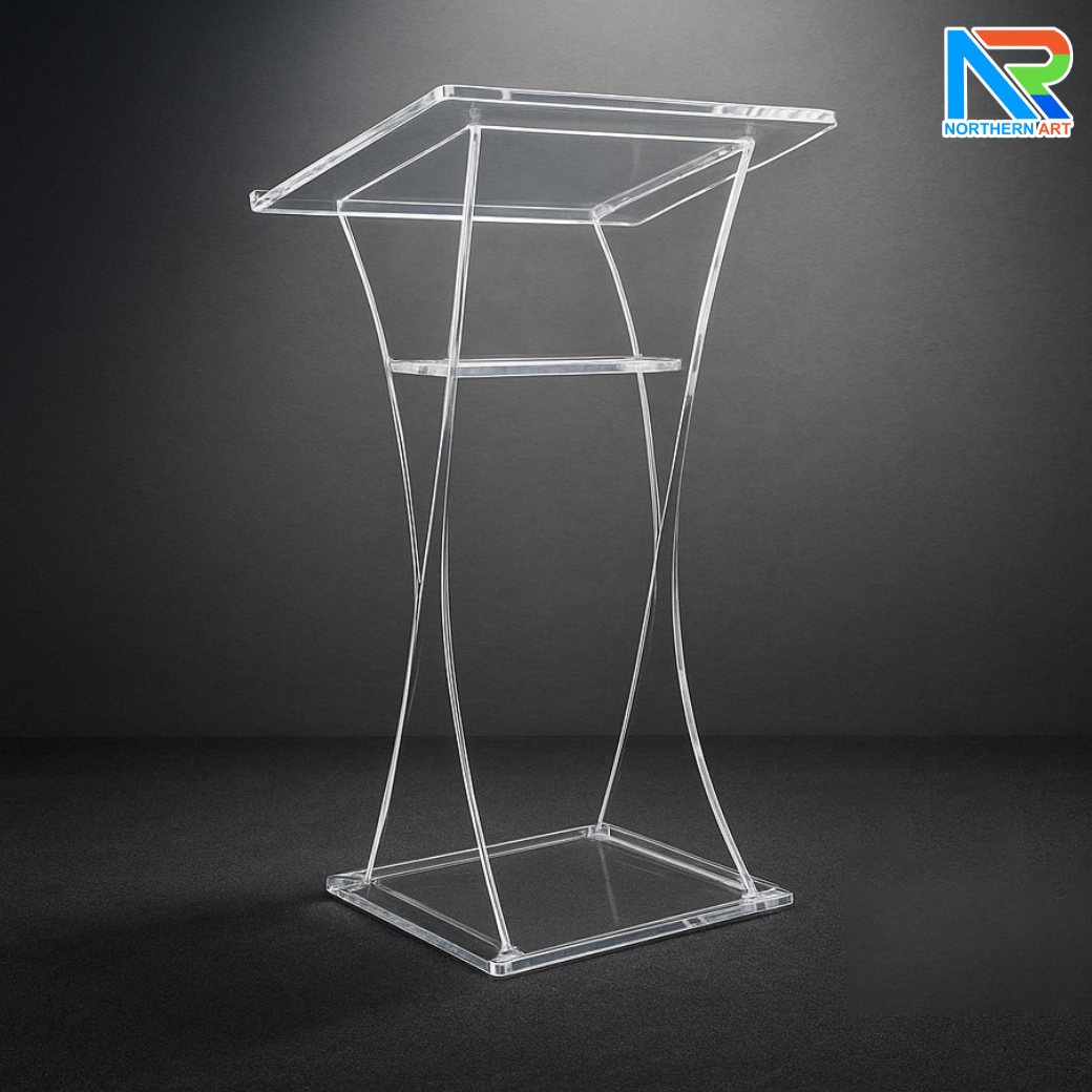 โพเดียม อะคริลิคใส ขนาด(W)60 x (L)50 x (H)110 cm. TOP เอียงพร้อมกันตก วัสดุอะคริลิคใส หนา 10 มม.