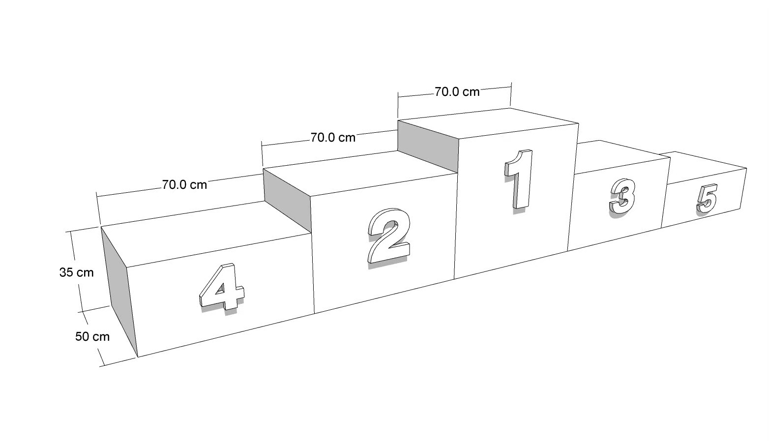 แท่นยืนรับรางวัล 1-2-3-4-5 สีฟ้า ขนาด (W)350 x (D)50 x (H)65 cm. โครงเหล็กกัลวาไนซ์ทำสี พร้อมตัวเลข 1-2-3-4-5 สีขาว