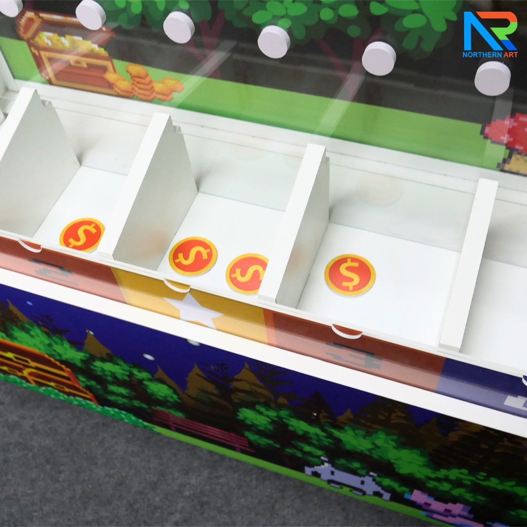 เช่าเกมส์หย่อนเหรียญตั้งพื้น มีล้อ ขนาด (W)80 X (D)30 X (H)150 cm. วัสดุไม้MDFปิดผิวเมลามีน และแผ่นอะคริลิคใส พร้อมเหรียญอะคริลิค 12 อัน