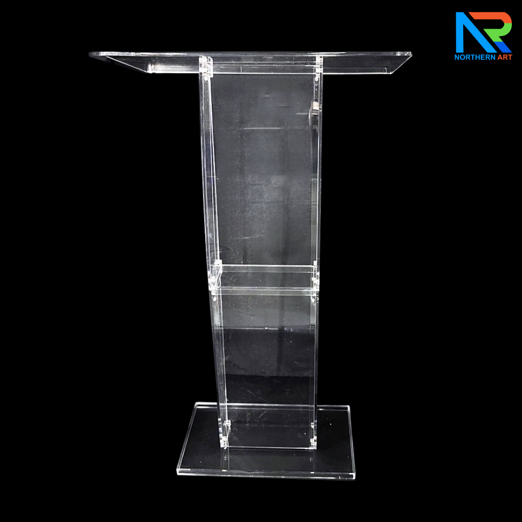 โพเดียม อะคริลิคใส ขนาด(W)68 x (L)34 x (H)123 cm. TOP เอียงพร้อมกันตก วัสดุอะคริลิคใส หนา 8 มม.