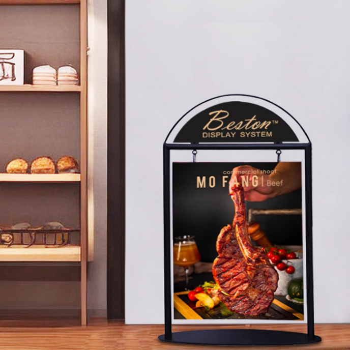 ป้ายตั้งพื้น ป้้ายมินิมอล เหล็กสีดำ ขนาด (W)59 x (H)95 cm. โชว์งานพิมพ์ 2 ด้าน ฐานวงรี ถอดประกอบได้