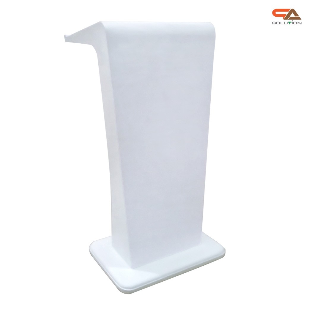 โพเดียมไม้ สีขาว รุ่น PD-11 ทรงโมเดิร์น ขนาด (W)55 x (L)40 x (H)115 cm. TOP เอียง พร้อมชั้นวางของ