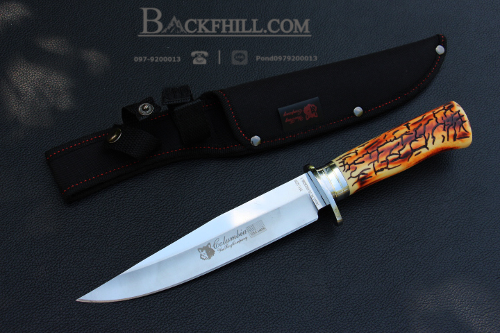 มีดใบตาย COLUMBIA รุ่น G39 ใบมีดสีเงินเรียวยาว ด้ามจับ ลายแกะลายเขากวางจำลอง อย่างดี พร้อมซองไนลอน