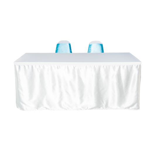 เช่าโต๊ะเหลี่ยมคลุมผ้าสีขาว ขนาด (W)75 x (L)180 x (H)75 cm. พร้อมเก้าอี้ 2 ตัวคลุมผ้า ผูกโบว์