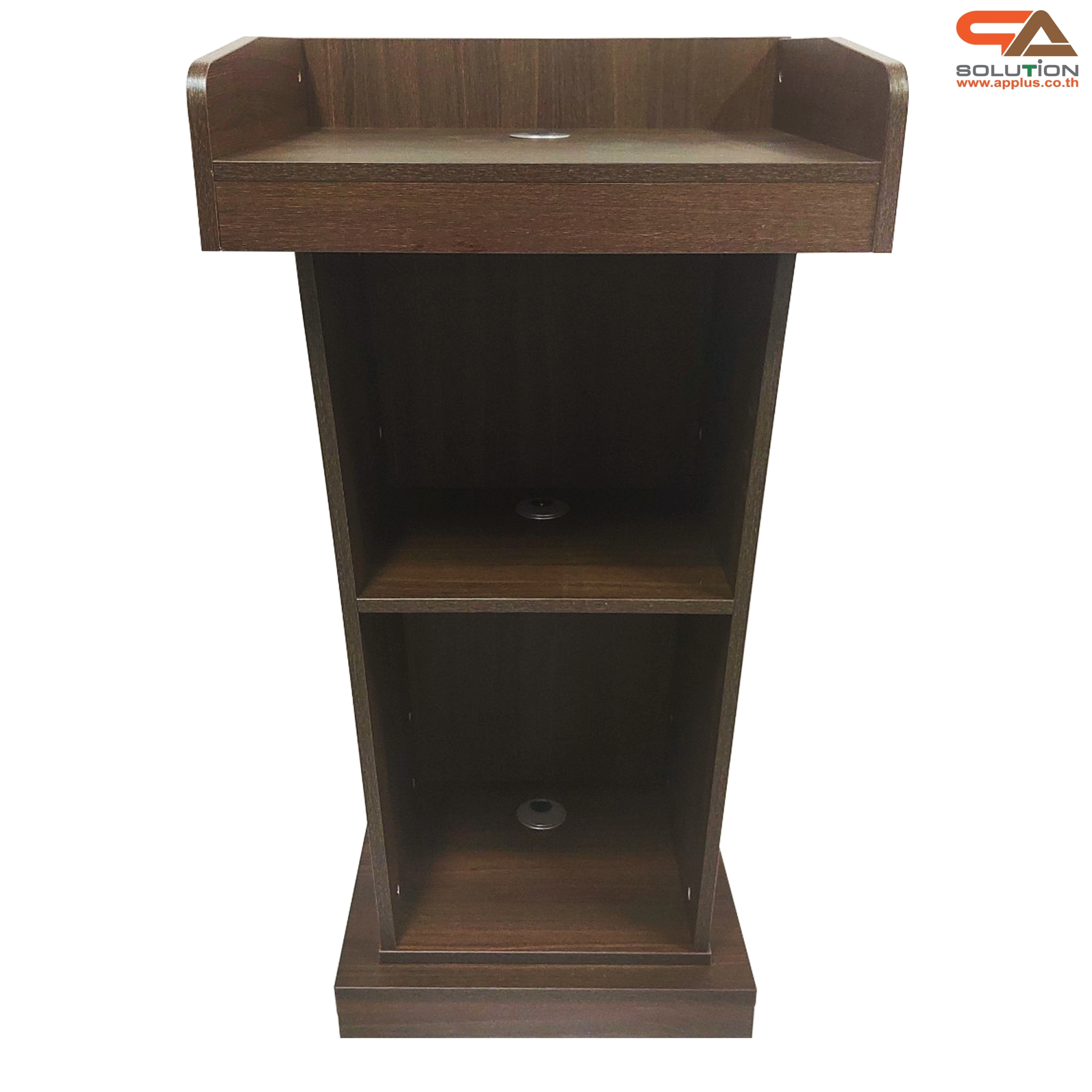 เช่าโพเดียมไม้ ลายไม้สีสัก ขนาด TOP (W)60 x (D)50 cm. สูง 109 cm. พร้อมชั้นวางของ