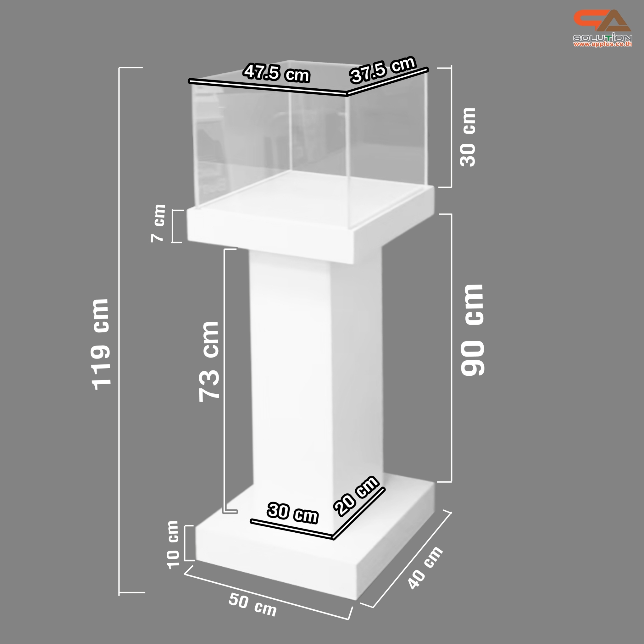 แท่นโชว์สินค้า ดีสเพลย์โชว์สินค้า สีขาว ขนาด (W)50 x (L)40 x (H)119 cm. ด้านบนครอบด้วยอะคริลิคใส4ด้าน
