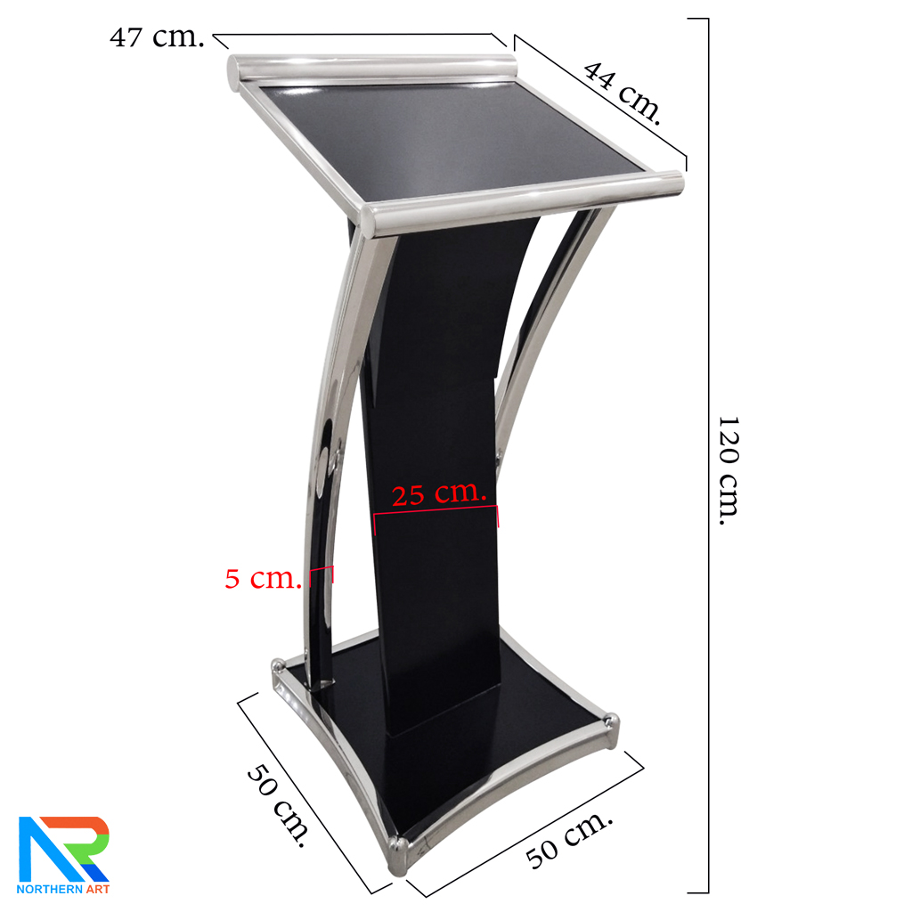 โพเดียมไม้สีดำ ตกแต่งสแตนเลส เกรด304 ขนาด (W) 47 x (D) 44 x (H)120 cm.