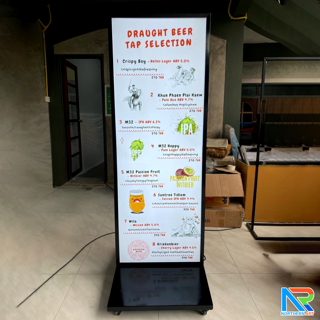 ตู้ไฟ LED ตั้งพื้น ฐานSLOPE ขนาด 60x160 ซม.โครงเหล็กพร้อมแผ่นซิงค์ สีดำ แผ่นอะคริลิค 2 แผ่น โชว์งานพิมพ์ 2 ด้าน มีล้อเลื่อน เคลื่อนย้ายสะดวก