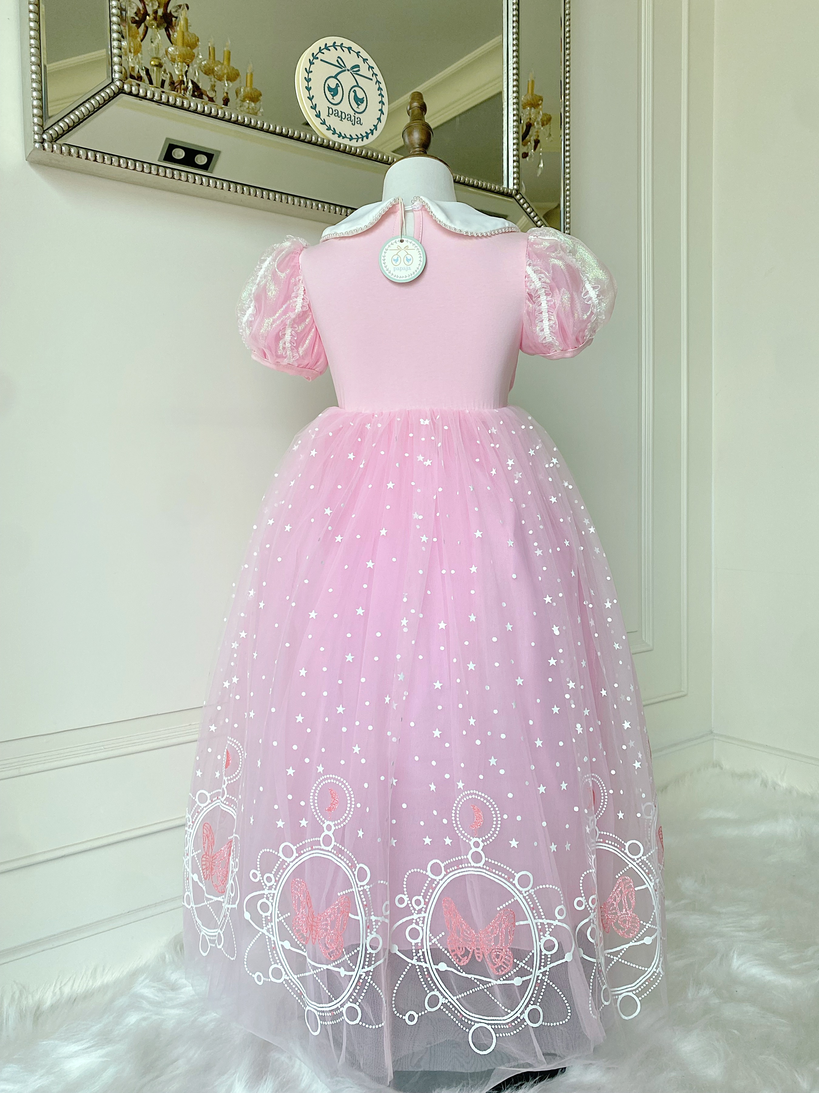 ชุดเจ้าหญิงออโรร่า ปกคอบัวรูปโบว์ กระโปรงสกรีนลายสวย