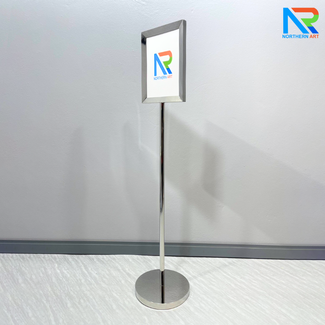 โปสเตอร์สแตนด์ สแตนเลส 304 ขนาด A4 ฐานกลม โชว์ภาพ2ด้าน พร้อมอะคริลิคใส 2 แผ่นประกบ